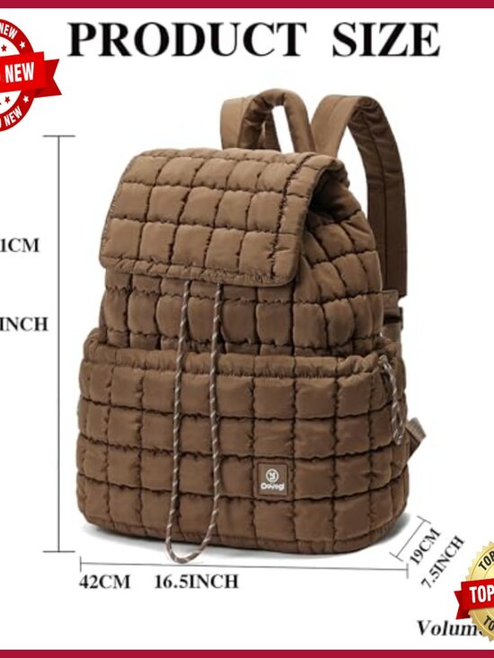 Quilted Puff Backpack Set with Wristlet for Travel Gym Work